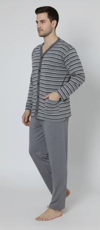 Pijama barbat bumbac, marime mare, maneci si pantaloni lungi, cu dungi, gri inchis 16114 [1]
