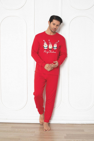 Pijamale cuplu - Pijama barbat Craciun din bumbac gros interlock, Merry Christmas, rosu 2006, embody