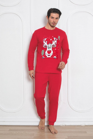 Pijamale cuplu - Pijama barbat Craciun din bumbac gros interlock, Merry Christmas, rosu 2006, embody