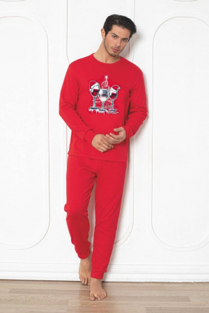 Pijamale cuplu - Pijama barbat Craciun din bumbac gros interlock, Merry Christmas, rosu 2006, embody