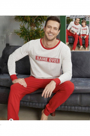 Pijamale cuplu - Pijama barbat din bumbac interlock, maneci si pantaloni lungi, albastru, embody