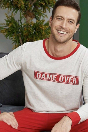 Pijama barbat din bumbac interlock, maneci si pantaloni lungi, albastru, embody [1]