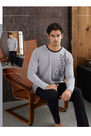 Pijamale - Pijama barbat din bumbac interlock, maneci si pantaloni lungi, embody