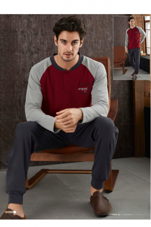 Pijamale - Pijama barbat din bumbac interlock, maneci si pantaloni lungi, albastru, embody