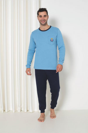 Pijamale - Pijama barbat din bumbac interlock, maneci si pantaloni lungi, albastru, embody