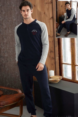 Pijamale - Pijama barbat din bumbac interlock, maneci si pantaloni lungi, albastru, embody