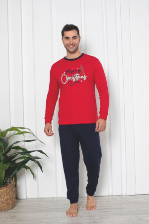 Pijamale cuplu - Pijama barbat Craciun din bumbac gros interlock, Merry Christmas, rosu 2006, embody