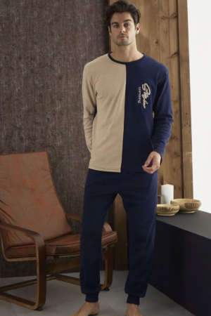 Pijamale - Pijama barbat din bumbac interlock, maneci si pantaloni lungi, albastru, embody