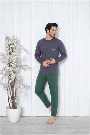 Pijamale - Pijama barbat din bumbac, maneci si pantaloni lungi, albastru 1001 , embody