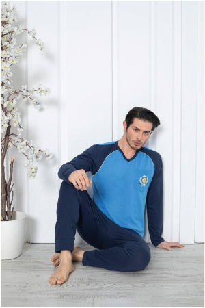 Pijamale barbati bumbac - Pijama barbat din bumbac, maneci si pantaloni lungi, albastru/bleumarin  , embody