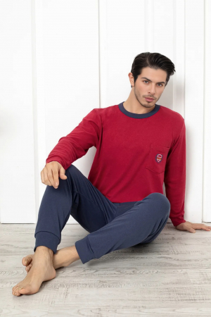 Pijamale barbati bumbac - Pijama barbat din bumbac interlock, marime mare, maneci si pantaloni lungi, visiniu/gri 3011 , embody