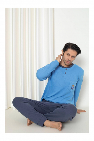 Pijama barbat din bumbac interlock, maneci si pantaloni lungi, albastru, embody [1]