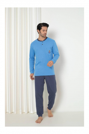 Pijamale - Pijama barbat din bumbac interlock, maneci si pantaloni lungi, albastru, embody
