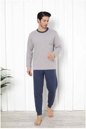 Pijamale - Pijama barbat din bumbac, maneci si pantaloni lungi, gri deschis 601 , embody