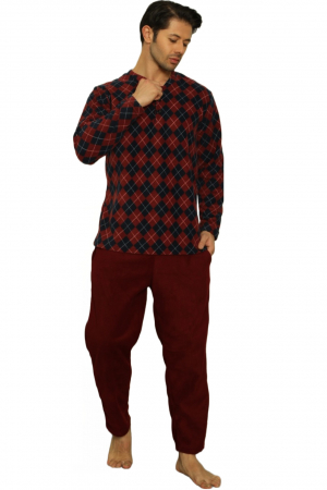 Pijama barbat, material soft polar moale si calduros, bluza in carouri, pantaloni cu buzunare laterale, visiniu [3]