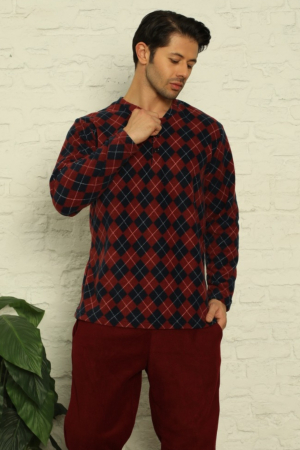 Pijama barbat, material soft polar moale si calduros, bluza in carouri, pantaloni cu buzunare laterale, visiniu [2]