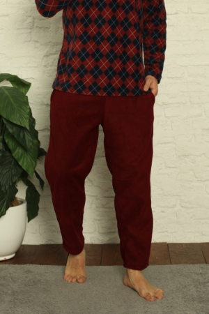 Pijama barbat, material soft polar moale si calduros, bluza in carouri, pantaloni cu buzunare laterale, visiniu [1]