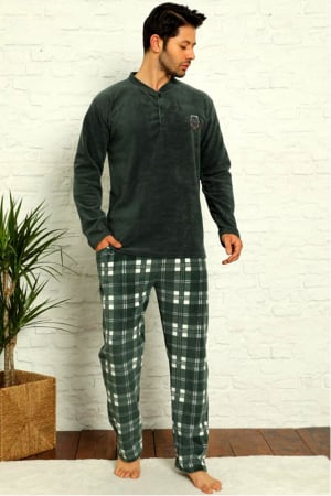 Pijama barbat, material soft polar moale si calduros, buzunare laterale, verde inchis [0]