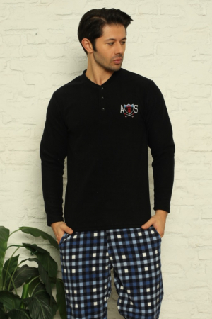 Pijama barbat, material soft polar moale si calduros, maneci lungi, pantaloni cu buzunare carouri, albastru [2]