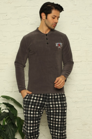 Pijama barbat, material soft polar moale si calduros, maneci lungi, pantaloni cu buzunare carouri, gri [2]