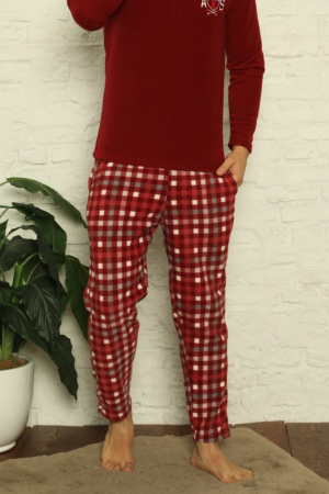 Pijama barbat, material soft polar moale si calduros, maneci lungi, pantaloni cu buzunare carouri, visiniu [1]