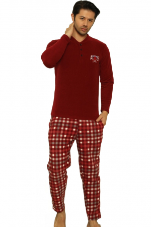 Pijama barbat, material soft polar moale si calduros, maneci lungi, pantaloni cu buzunare carouri, visiniu [3]