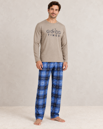 Pijamale barbati bumbac - Pijama barbati cu bluza bej maneca lunga si pantaloni albastri in carouri, model Good Times