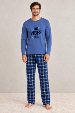 Pijamale barbati bumbac - Pijama barbati albastra cu maneca lunga si pantaloni in carouri, Good Vibes