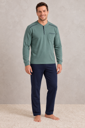 Pijamale barbati bumbac - Pijama barbati din bumbac gros Interlock Premium, verde si bleumarin, maneca lunga