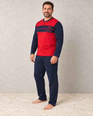 Pijamale barbati bumbac - Pijama Barbati Bumbac Marimi Mari, Bluza Rosie cu Bleumarin si Pantaloni Lungi Bleumarin