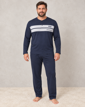 Pijamale barbati bumbac - Pijama Barbati Bumbac Marimi Mari Bleumarin cu Maneca Lunga si Pantaloni Lungi