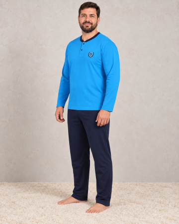 Pijamale barbati bumbac - Pijama Barbati Bumbac Marimi Mari, Bluza Albastra cu Maneca Lunga si Pantaloni Bleumarin
