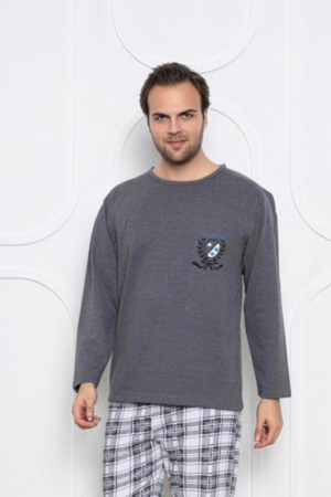 Pijama barbati bumbac vatuit, maneci si pantaloni lungi, gri inchis, embody.ro [2]