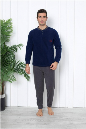 Pijamale - Pijama barbati cocolino, material soft polar moale si calduros, gri/albastru, embody.ro