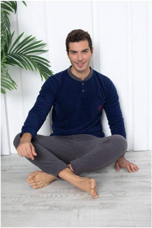 Pijama barbati cocolino, material soft polar moale si calduros, gri/albastru, embody.ro [1]