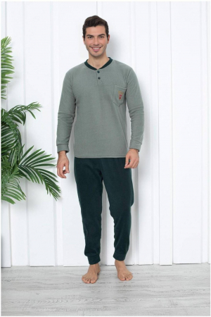 Pijamale cocolino barbati - Pijama barbati cocolino, material soft polar moale si calduros, gri/kaki, embody.ro