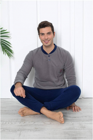 Pijama barbati cocolino, material pufos si calduros, gri/bleumarin 302, embody.ro [1]