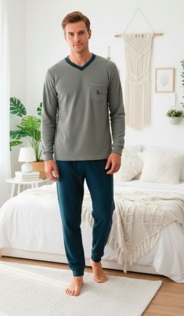 Pijamale cocolino barbati - Pijama barbati cocolino polar, material fin, delicat si moale, gri/verde 87