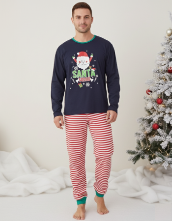 Pijamale barbati bumbac - Pijama barbati Craciun din bumbac, maneci si pantaloni lungi, bleumarin 02001-2