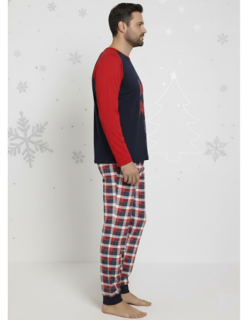 Pijama barbati Craciun din bumbac, maneci si pantaloni lungi, rosu/bleumarin 0009 [1]