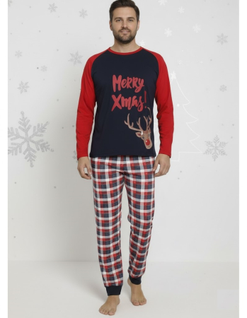 Pijamale barbati bumbac - Pijama barbati Craciun din bumbac, maneci si pantaloni lungi, rosu/bleumarin 0009