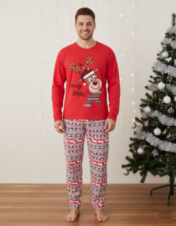 Pijamale barbati bumbac - Pijama barbati Craciun din bumbac, maneci si pantaloni lungi, rosu 02007