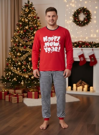 Pijamale barbati bumbac - Pijama barbati Craciun din bumbac, maneci si pantaloni lungi, rosu 02014