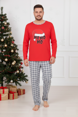 Pijamale barbati bumbac - Pijama barbati Craciun din bumbac, maneci si pantaloni lungi, rosu 800