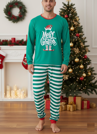 Pijamale barbati bumbac - Pijama barbati Craciun din bumbac, maneci si pantaloni lungi, verde 02015