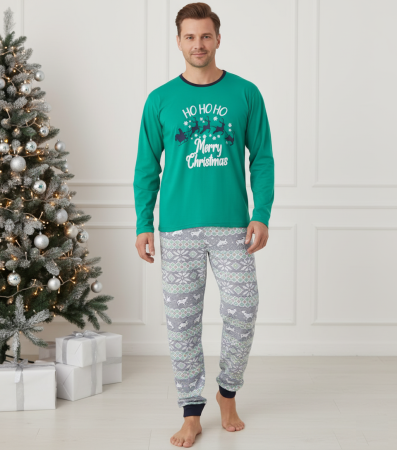 Pijamale barbati bumbac - Pijama barbati Craciun din bumbac, maneci si pantaloni lungi, verde 02013