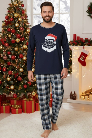 Pijamale barbati bumbac - Pijama barbati Craciun din bumbac, maneci si pantaloni lungi, bleumarin 802