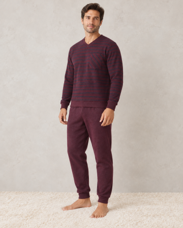 Pijamale barbati bumbac - Pijama Barbati Vatuita Groasa de Iarna, Calduroasa, Bluza cu Dungi si Pantaloni Grena