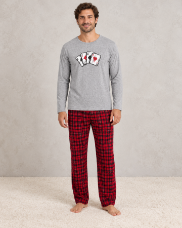 Pijamale barbati bumbac - Pijama Barbati Gri cu Pantaloni Rosii in Carouri si Imprimeu Carti joc