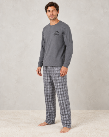 Pijamale barbati bumbac - Pijama barbati gri cu bluza maneca lunga si pantaloni in carouri, model California